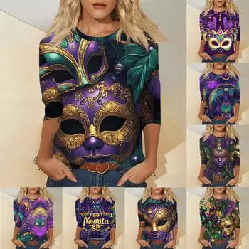 Женская мода повседневный свитер с семью рукавами и принтом Марди Гра M