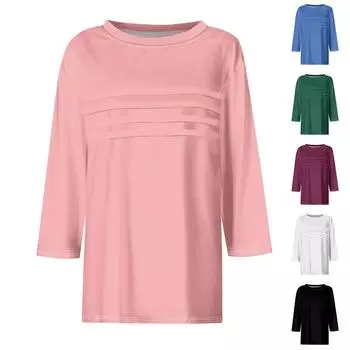 Женская мода повседневный свободный 3/4 рукав однотонный круглый вырез топ L чёрный