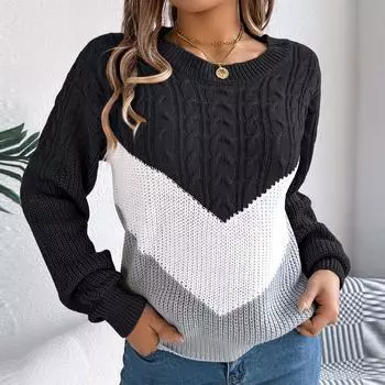 Женская мода повседневный свободный контрастный цвет круглый вырез свитер длинный рукав пуловер топ L чёрный