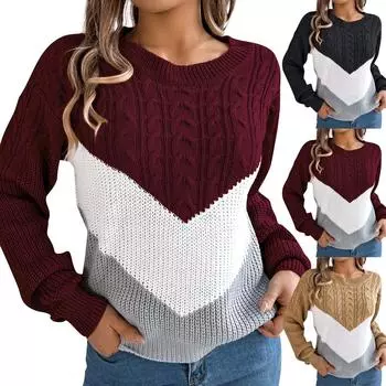 Женская мода повседневный свободный контрастный цвет круглый вырез свитер длинный рукав пуловер топ L чёрный