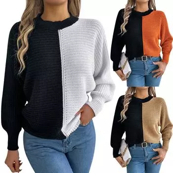 Женская мода повседневный свободный контрастный реглан рукав свитер длинный рукав пуловер топ L белый