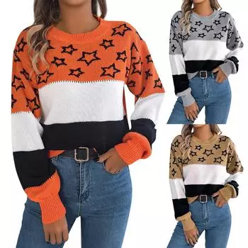 Женская мода повседневный свободный круглый вырез контрастного цвета со звездами длинный рукав свитер пуловер топ S хаки