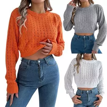 Женская мода повседневный свободный круглый вырез сексуальный спинка пуговицы полый однотонный длинный рукав свитер пуловер топ XL белый