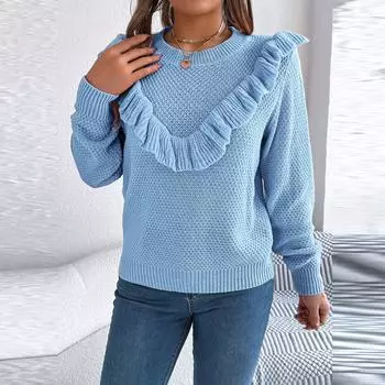 Женская мода повседневный свободный однотонный круглый вырез свитер с оборками длинный рукав пуловер топ L синий