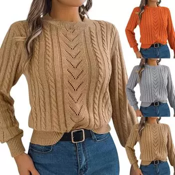 Женская мода повседневный свободный однотонный круглый вырез свитер с длинным рукавом пуловер топ L