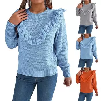 Женская мода повседневный свободный однотонный круглый вырез свитер с оборками длинный рукав пуловер топ L синий