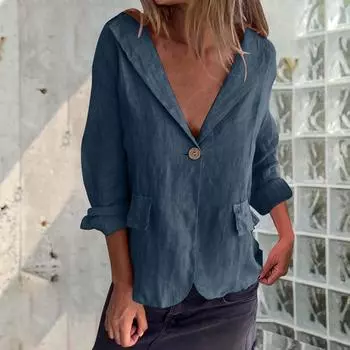 Женская Мода Повседневный Свободный Однотонный Пиджак с Пуговицами и Воротником-Стойкой XXL синий