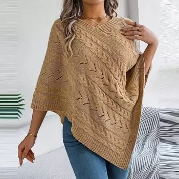 Женская мода повседневный свободный однотонный свитер с V-образным вырезом и коротким рукавом пуловер топ L хаки