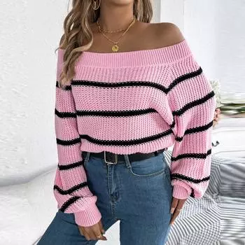 Женская мода повседневный свободный полосатый контрастный цвет свитер длинный рукав пуловер топ L розовый