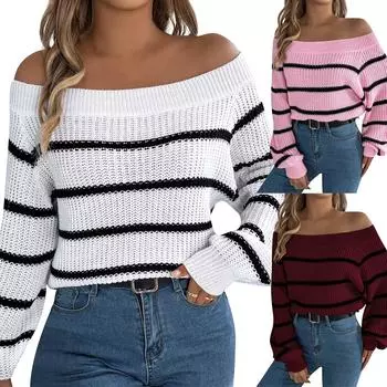 Женская мода повседневный свободный полосатый контрастный цвет свитер длинный рукав пуловер топ L розовый