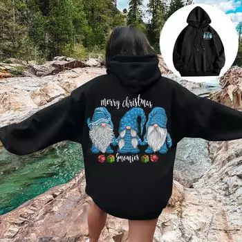 Женская мода повседневный свободный рождественский мелкий принт топ с капюшоном на шнурке L чёрный