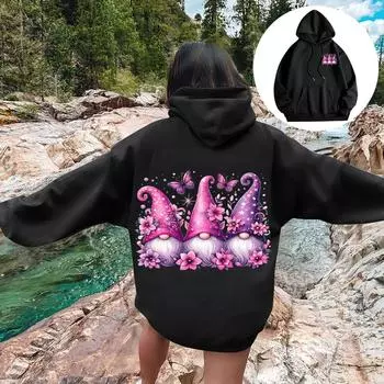 Женская мода повседневный свободный рождественский мелкий принт топ с капюшоном на шнурке L чёрный