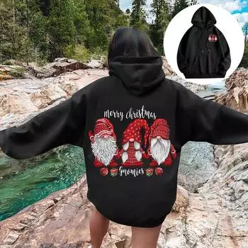 Женская мода повседневный свободный рождественский мелкий принт топ с капюшоном на шнурке L чёрный