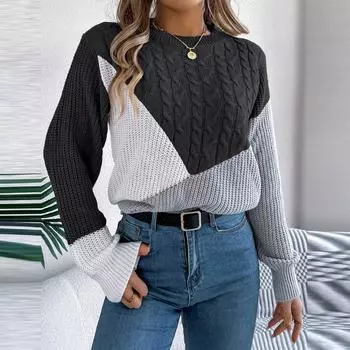 Женская мода повседневный свободный свитер контрастного цвета с длинным рукавом пуловер топ L