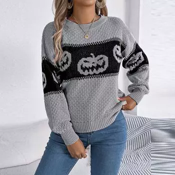 Женская мода повседневный свободный свитер контрастного цвета на Хэллоуин с длинным рукавом пуловер топ L