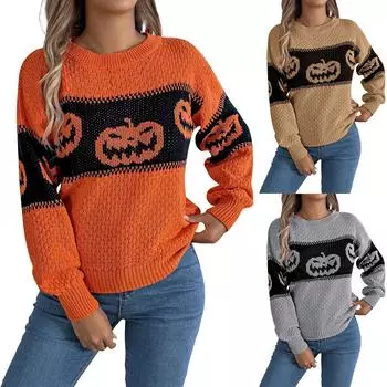 Женская мода повседневный свободный свитер контрастного цвета на Хэллоуин с длинным рукавом пуловер топ L серый