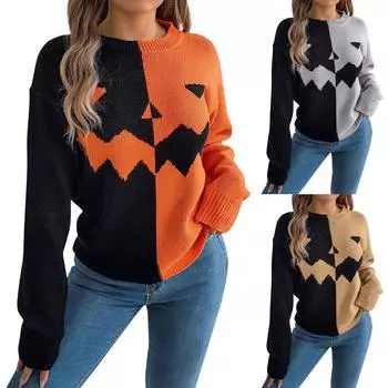 Женская мода повседневный свободный свитер контрастного цвета на Хэллоуин с длинным рукавом пуловер топ L оранжевый