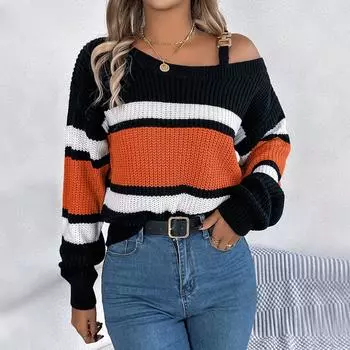 Женская мода повседневный свободный свитер с открытыми плечами в контрастную полоску и металлическими пуговицами, длинный рукав, пуловер, топ M