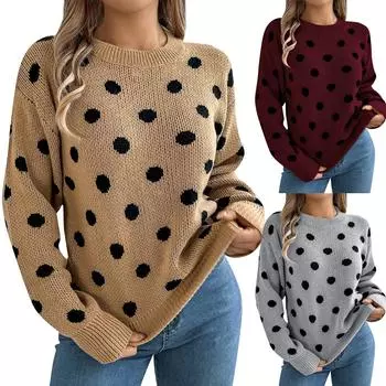 Женская мода повседневный свободный свитер в контрастный горошек с длинным рукавом пуловер топ L