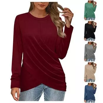 Женская мода, повседневный свободный топ с длинными рукавами и круглым вырезом, плиссированный крестиком XXL хаки