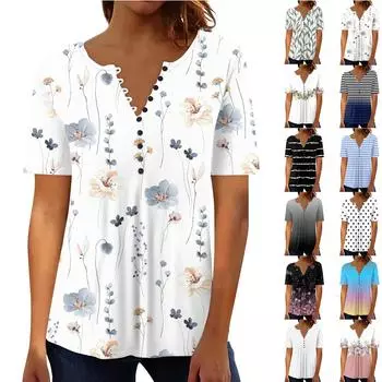 Женская мода повседневный свободный топ с коротким рукавом с принтом и круглым вырезом L чёрный