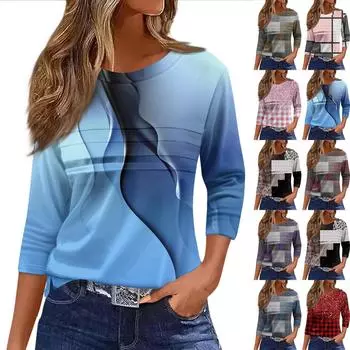 Женская мода повседневный свободный топ с рукавом 3/4 в полоску с круглым вырезом L синий