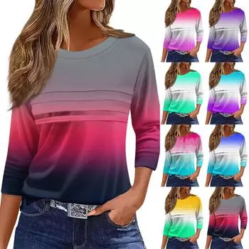 Женская мода повседневный свободный топ с рукавом 3/4 в полоску с круглым вырезом XL синий