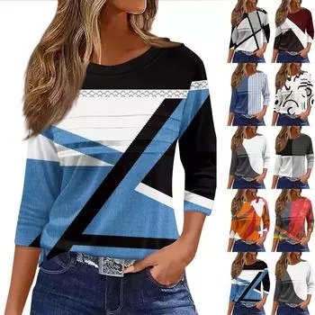 Женская мода повседневный свободный топ с рукавом 3/4 в полоску с круглым вырезом L темно-синий