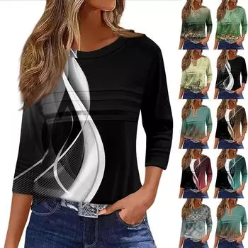 Женская мода повседневный свободный топ с рукавом 3/4 в полоску с круглым вырезом L армия зеленый