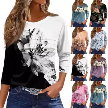 Женская мода повседневный свободный топ с рукавом 3/4 в полоску с круглым вырезом XL чёрный