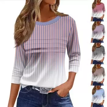 Женская мода повседневный свободный топ с рукавом 3/4 в полоску с круглым вырезом L