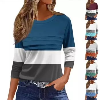 Женская мода повседневный свободный топ с рукавом 3/4 в полоску с круглым вырезом L синий