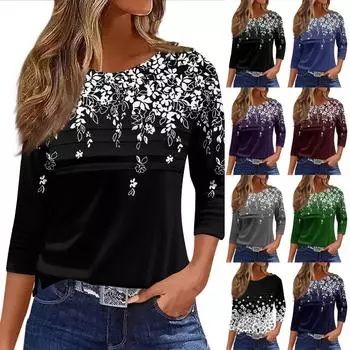 Женская мода повседневный свободный топ с рукавом 3/4 и круглым вырезом L чёрный