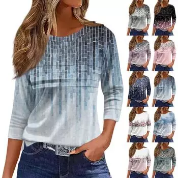 Женская мода повседневный свободный топ с рукавом 3/4 в полоску с круглым вырезом M синий
