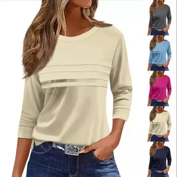 Женская мода повседневный свободный топ с рукавом 3/4 в полоску с круглым вырезом L темно-синий