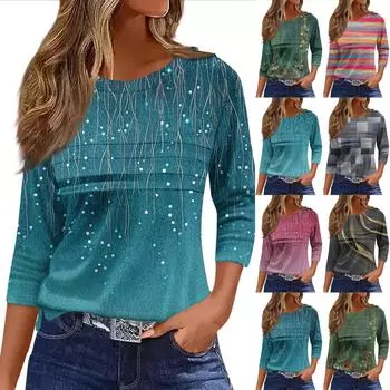 Женская мода повседневный свободный топ с рукавом 3/4 и круглым вырезом L синий