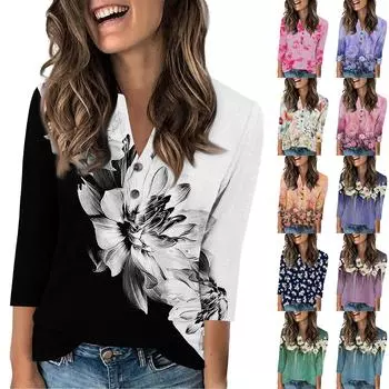 Женская мода повседневный свободный топ с рукавом 3/4 и круглым вырезом L синий