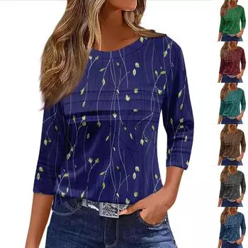 Женская мода повседневный свободный топ с рукавом 3/4 и круглым вырезом L винный