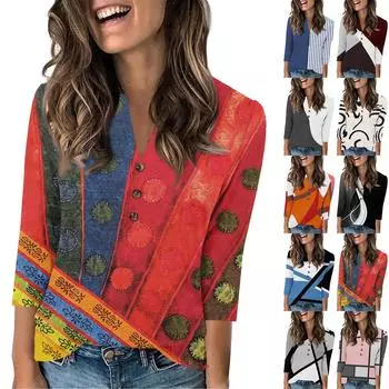 Женская мода повседневный свободный топ с рукавом 3/4 и круглым вырезом L винный