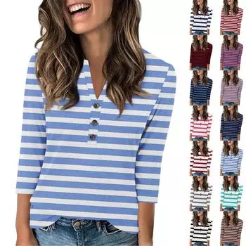 Женская мода повседневный свободный топ с рукавом 3/4 в полоску с круглым вырезом S