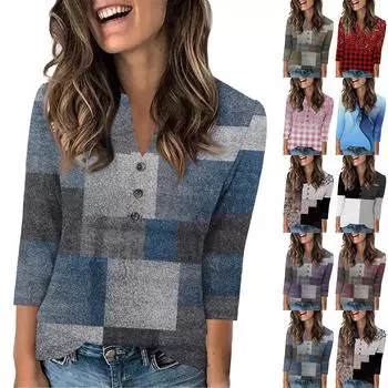 Женская мода повседневный свободный топ с рукавом 3/4 и круглым вырезом L темно-фиолетового