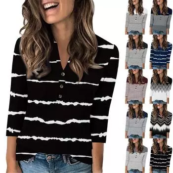 Женская мода повседневный свободный топ с рукавом 3/4 и круглым вырезом L синий