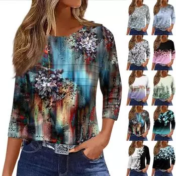 Женская мода повседневный свободный топ с рукавом 3/4 и круглым вырезом XXXL