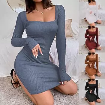 Женская мода, повседневный тонкий пуловер с длинными рукавами, однотонное сексуальное мини-платье с квадратным вырезом и облегающим бедрам M