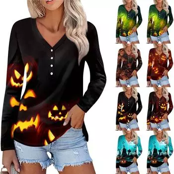 Женская мода повседневный топ на пуговицах с длинным рукавом и v-образным вырезом с принтом на Хэллоуин XXXL