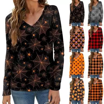 Женская мода повседневный топ на пуговицах с длинным рукавом и v-образным вырезом с принтом на Хэллоуин S фиолетовый