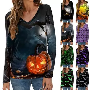 Женская мода повседневный топ на пуговицах с длинным рукавом и v-образным вырезом с принтом на Хэллоуин XXXL фиолетовый