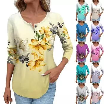 Женская мода повседневный топ на пуговицах с длинным рукавом с цветочным принтом и круглым вырезом M серый