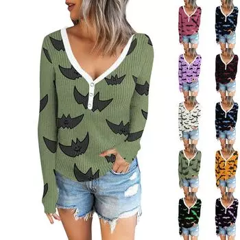 Женская мода повседневный топ на пуговицах с длинным рукавом и v-образным вырезом с принтом на Хэллоуин XL