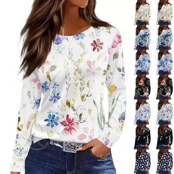Женская мода повседневный топ с цветочным принтом и круглым вырезом, длинными рукавами XL